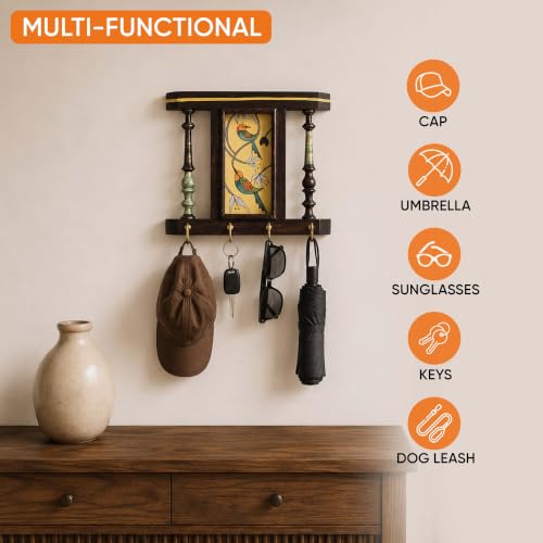 Image of AAKRITI ART CREATIONS Key Holder, Feathered Friends Key Holder | Rustic Wooden Wall Organizer with 4 Hooks | New Home Gifts | Multifunctional Entryway Decor Item