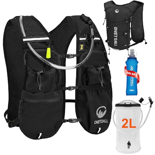 ONETOALL Chaleco Running Hombre Mujer, Running Vest, Ligero Chaleco para Correr, Mochila Hidratacion Trail Bolsilloso con Bolsa Agua 2L y Botella 500ml, Silbato y Reflectante para Ciclismo Senderismo
