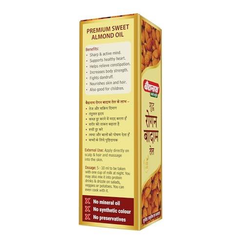 Image of Baidyanath Pure Rogan Badam Almond Oil | 100% Pure Sweet Almond Oil for Hair, Skin & Heart Health, Rich in Vitamin E & Antioxidants | 100 ml