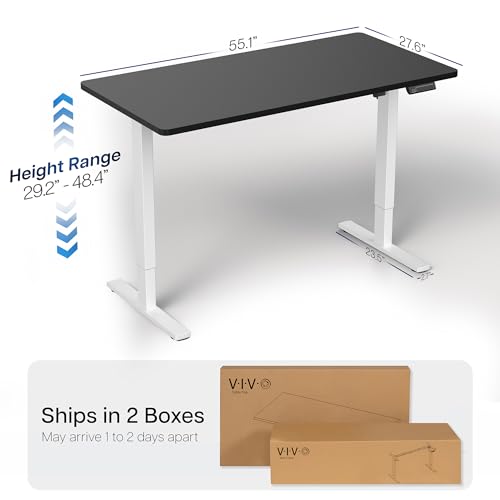 Image of VIVO Black 55 x 28 in Standing Desk, DESK-KIT-1W55B | Electric, Holds 220 lbs, Sit Stand, Height Adjustable, Solid One-Piece Table Top, Memory Presets, 1B Series, White Frame