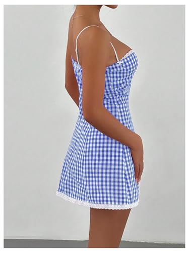 Image of MakeMeChic Women's Plaid Gingham Lace Cami Dress Sleeveless Going Out Mini Dresses Sundress