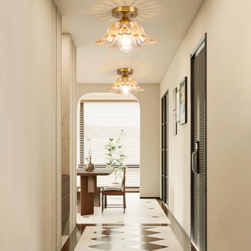Image of Semi Flush Mount Ceiling Light,Vintage Lights Fixture Ceiling Amber Shade Glass, E26 Ceiling Light Fixtures for Closet Kitchen Bedroom, Bulb Included