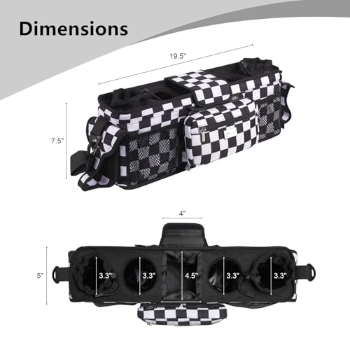 Image of TOPDesign Universal Baby Stroller Organizer, Double Stroller Caddy with Detachable Mesh Bag & Heightened Insulated Cup Holders & Non-Slip Secure Hooks Accessories, Fits Most Strollers (Checkerboard)
