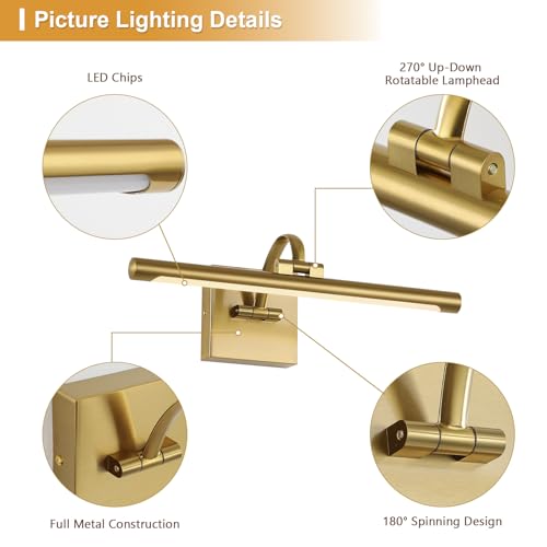 Image of DESOOP Brass Picture Lights for wall Hard-Wired LED Picture Lighting Dimmable Art Light Gallery Lighting for Wall Portraits Artwork 15.75 inch 7W Warm White (Pack of 2)