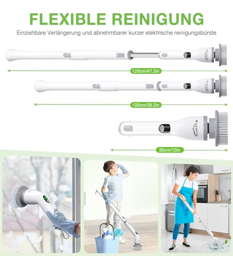 Elektrische Reinigungsbürste mit 4 Aufsätzen, 400 U/min Turbo, Teleskopgriff & 2500mAh Akku – Bad, Küche, Fliesen, Auto, Fugen – Kabellos & wasserdicht