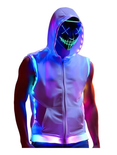 BUDYLILI Mens Hooded Vest White Rave Outfit Burning Man edc Clothes rave tank top with lights SYNC Blooth (L)