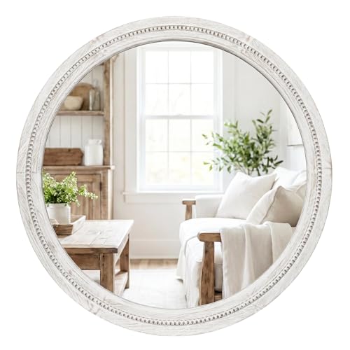 Pocetry 30" White Round Wood Mirror for Bathroom Vanity, Distressed Solid Wood Wall Mirror - French Country Beaded Circle Mirror for Coastal Bedroom & Nursery