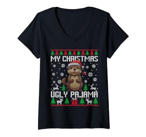 My Christmas Ugly Pyjama loutre de Noël amusant pour homme et enfant T-Shirt avec Col en V