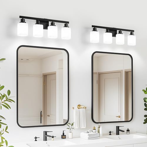 Image of 4-Light Bathroom Vanity Light, Modern Matte Black Bathroom Light Fixtures with Square Frosted Glass, Wall Sconces fixtures Over Mirror Restroom,Living Room Hallway E26