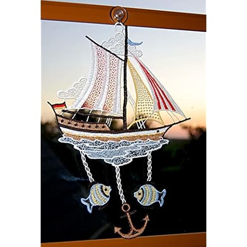 Plauener Spitze Fensterbild Segelboot + Saugnapf Stickerei Maritim Anker Fisch Spitzenbild Badezimmer Cover