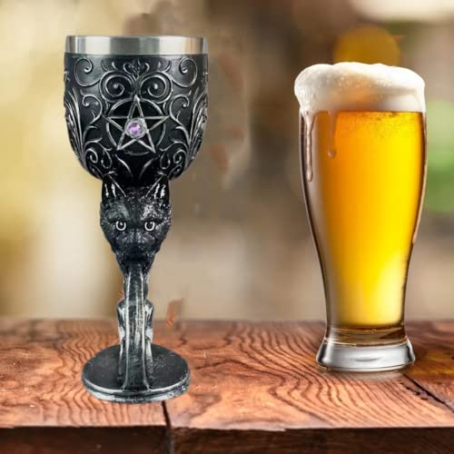 Zohair Creative 3D Cat Dragon Skull Unicorn Wolf Chalice Goblet,Punk Style,Resin Stainless Steel Wine Glass Halloween Christmas Gift (Cat) #TOP6