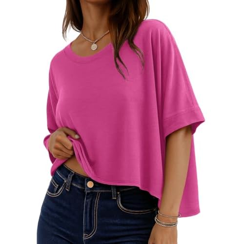 rosemia Oversized Tshirts for Women Summer Graphic Half Sleeve Crop Tops Casual Blouses Small Solid Rose Red