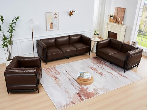 Image of 3 Piece Living Room Sofa set, Mid-Century Modern Upholstered Couch Chair Faux Leather Sofa Couch with Iron Frame and Upholstered Armrest Backrest Cushion for Living Room, Office, Apartment (Brown)