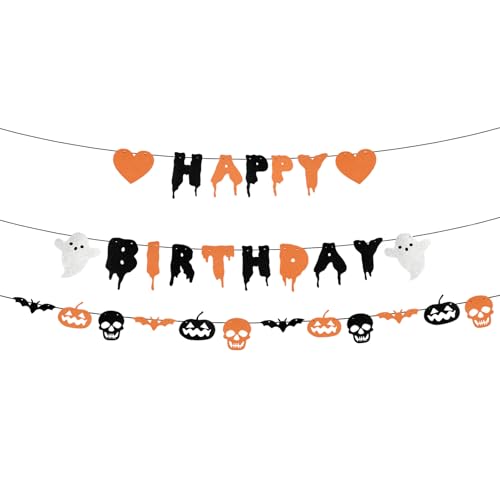 Striscione di Buon Compleanno di Halloween, Striscione Glitterato a Forma Cuore Fantasma Teschio Pipistrello Zucca per Decorazioni per Feste Compleanno a Tema Halloween (Arancione)