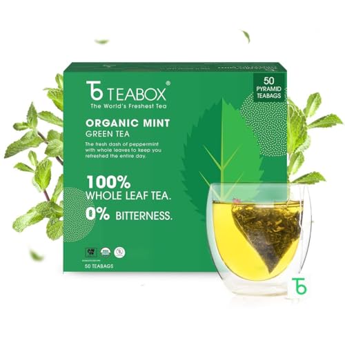 Teabox Organic Green Mint Tea 50 Teabags | Exotic Blend of Premium Green Tea and Real Peppermint Leaves | Boosts Immunity | Silken Pyramid Teabags, 0.2 Kg