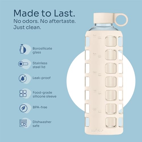 purifyou 40oz / 32oz / 22oz / 12oz Borosilicate Glass Water Bottle with Time & Volume Markers, Silicone Sleeve, Stainless Steel Lid | Reusable Glass Bottle for Water & Juice (40oz Pearled Ivory)