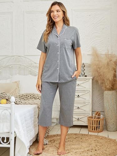 Image of Tugege Capri Pajamas Set Womens Button Down Short Sleeve Lounge Sets Sleepwear Notch Collar Top & Capri 2 Piece PJ Sets
