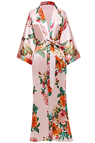 BABEYOND Kimono Robe Long Floral Bridesmaid Wedding Bachelorette Party Robe 53 Inches (Pink)