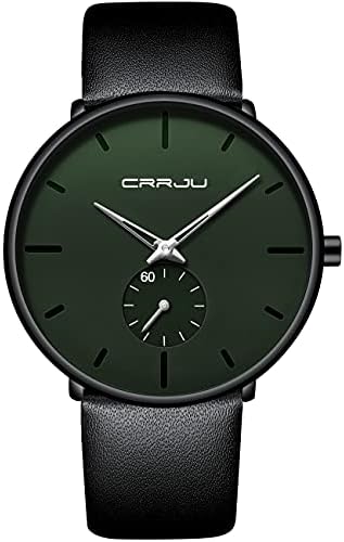 Mens Watches Ultra-Thin Minimalist Waterproof-Fashion Wrist Watch for Men Unisex Dress with Black Leather Band-Silver Hands Dark Green Face