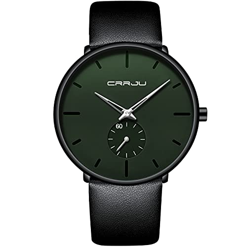Mens Watches Ultra-Thin Minimalist Waterproof-Fashion Wrist Watch For Men Unisex Dress With Black Leather Band-Silver Hands Dark Green Face #TOP7