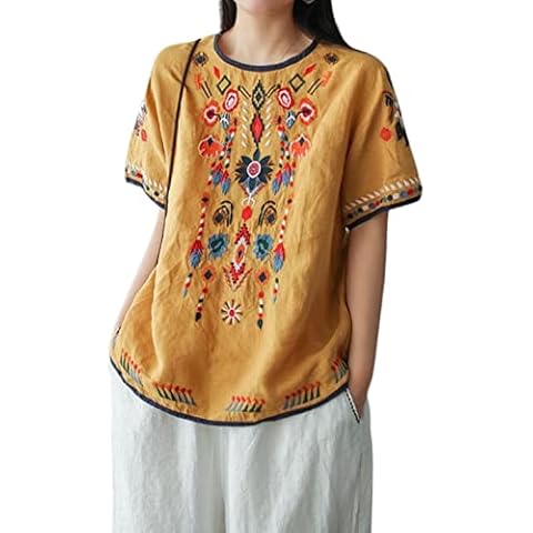 Unilexi Women's Mexican Embroidered Blouse Cotton Short Sleeve Peasant Tunic Tops Floral Boho Shirt, Yellow, Small Cover