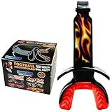 Oral Mart 2025 Football Mouth Guard (Battle Blaze) Dual-Color with Built-in Graphic Strap - Instant Fit (No Boil) - Youth Lip Guard Mouthguard Mouth Piece Pacifier - Football Mouthpiece for Braces
