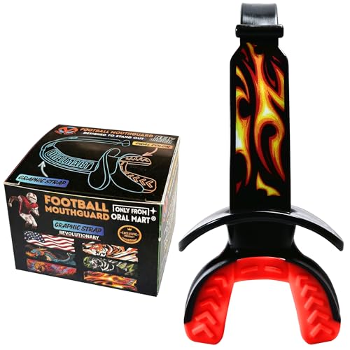 Oral Mart 2025 Football Mouth Guard (Battle Blaze) Dual-Color with Built-in Graphic Strap - Instant Fit (No Boil) - Youth Lip Guard Mouthguard Mouth Piece Pacifier - Football Mouthpiece for Braces