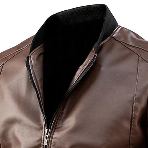 Men's Casual Leather Jacket Slim Fit Faux Leather Bomber Jacket Men Ribbed Collar Lightweight Biker Leather Coat2