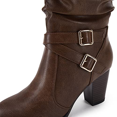 Ermonn Women's Winter Boots Chunky Heels Mid Calf Almond Toe Metal Buckle Side Zipper Stylish Boot #TOP3