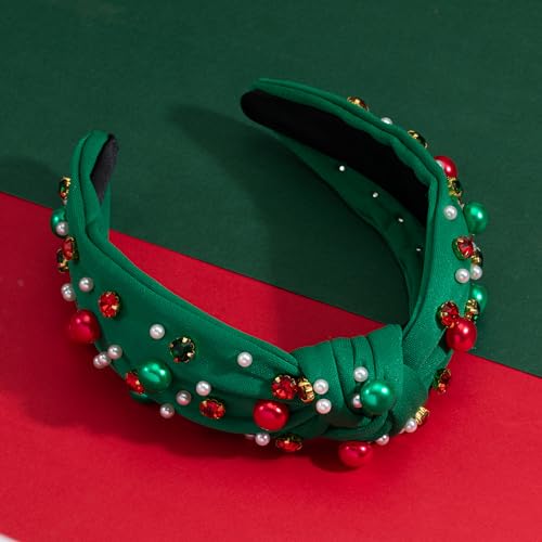 Mixcbe Christmas Jeweled Headband For Women Red Green Crystal Pearl Xmas Embellished Knotted Hairband Ladies Twist Wide Green Hair Band Accessories Fashion Holiday Hairband Gifts thumb #3
