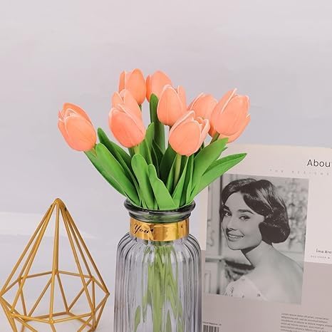 Image of Garden Art Artificial Tulip Flowers (Pack of 5) | Real Touch Silicone Single Stem Tulips for Home Decor, Living Room, Office, Vase & Wedding Decoration GAASTFB-1H-33OR (Orange)