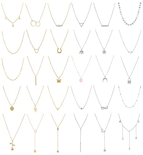 Kohota 30 Pcs Layered Choker Necklaces For Women Silver Gold Pendant Y Neckless Trendy Adjustable Chain Necklaces For Teen Girls With Sexy Coin Moon Star Diy Multilayer Simple Necklace Jewelry Set #TOP12