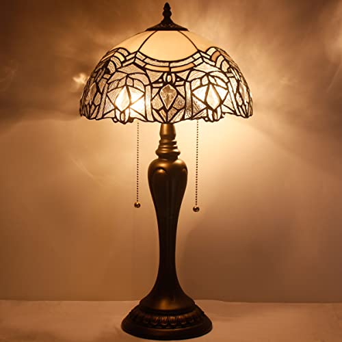Werfactory Tiffany Lamp White Bent Stained Glass Crystal Table Lamp Bedside Desk Reading Light 12X12X22 Inches Decor Bedroom Living Room Home Office S508W Series #TOP2