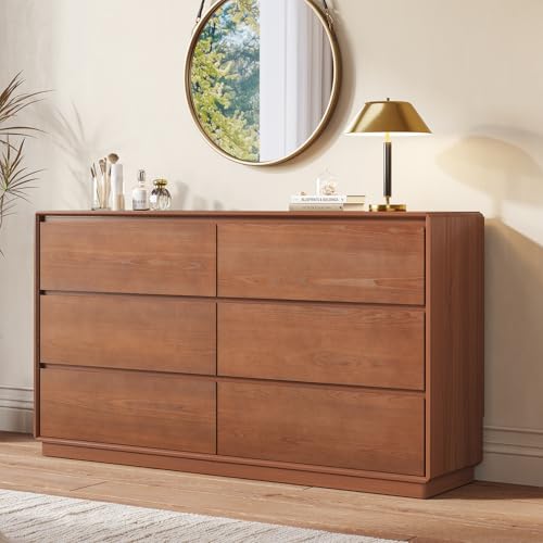 SUCSSRICH Solid Wood Dresser for Bedroom, Natural Solid Wood 6 Drawer Dresser,55.2' Wide Mid Century Modern Chest of Drawers, Closet Storage Organizer for Living Room, Bedroom