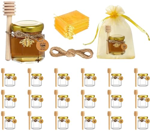 Tel Charme * 20 Pack Honiggläser 45ml Mini Glas Honig Marmeladengläser klein mit Honiglöffel Biene Anhänger Jutes Dankeskarten - Perfekt für Babyparty Hochzeiten Party-Geschenke