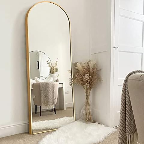NeuType Arched Full Length Mirror Standing Hanging or Leaning Against Wall, Oversized Large Bedroom Mirror Floor Mirror Dressing Mirror, Aluminum Alloy Thin Frame, Gold, 64"x21" Cover