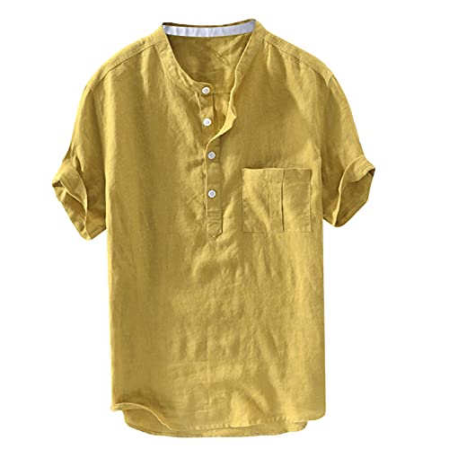 Chemise en lin homme col montant jaune anti-transpiration manches courtes grande taille XXL