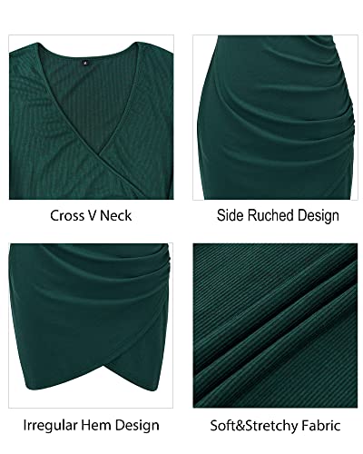 Laishen Ruched Bodycon Dresses For Women Casual Summer Wrap V Neck Short Sleeve T Shirt Mini Dress 2023(Emerald Green,L) #TOP4