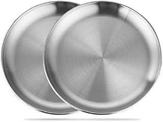 Betinyar 2 Pieces 8 Inch Stainless Steel Round Plate, Metal Camping Plates, Stainless Steel Plates, Reusable Metal Dinner Plates for Outdoor Picnic Camping(Silver, 20cm)