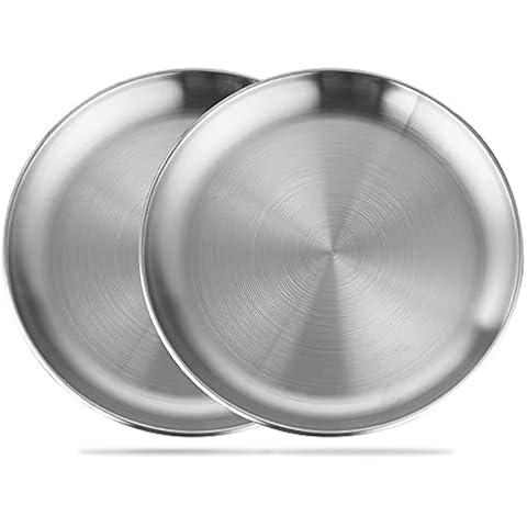 Betinyar 2 Pieces 8 Inch Stainless Steel Round Plate, Metal Camping Plates, Stainless Steel Plates, Reusable Metal Dinner Plates for Outdoor Picnic Camping(Silver, 20cm) Cover
