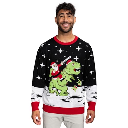 Santa Claus Riding T-Rex on Moon Pixelated Funny Ugly Christmas Sweater Multicolor