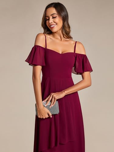 Image of Ever-Pretty Women's Summer Cold Shoulder Hi-Lo Asymmetrical Hem Flowy Chiffon Short Wedding Guest Dress 02103