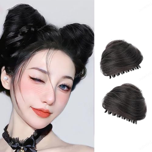 auwiyd 2 PCS Space Bun Hair Pieces Mini Claw Clip in Messy & Cat Ears Fake Hair Bun Extensions for Women Girls Fluffy Simulated Wig Headwear Accessories