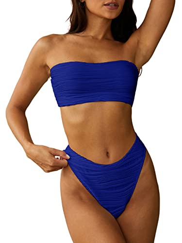 ZAFUL Women Strapless Textured Bandeau Bikini 2 Piece Swimwear Cheeky Solid Lace up Bathing Suits(1-Royal Blue,M)