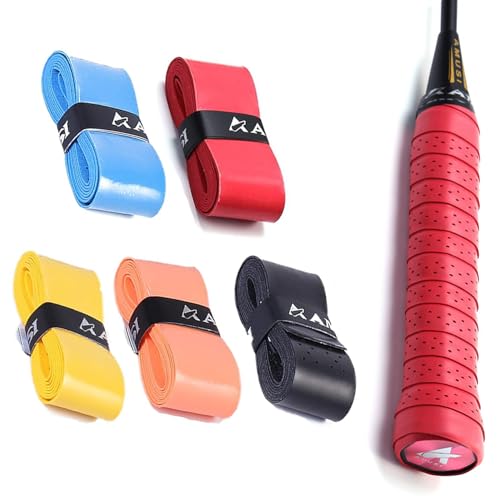 5Pack Tennis Racquet Over Grip Anti Slip Overgrip Badminton Racket Grip Tape Super Breathable Perforated Grips Replacement Grip Tape Squash Grips for Tennis Racket Badminton(5 clolors 2.5*110cm)