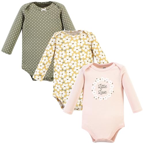 Hudson Baby Unisex Baby Cotton Long-Sleeve Bodysuits, Sage Floral Wreath 3 Pack, Preemie