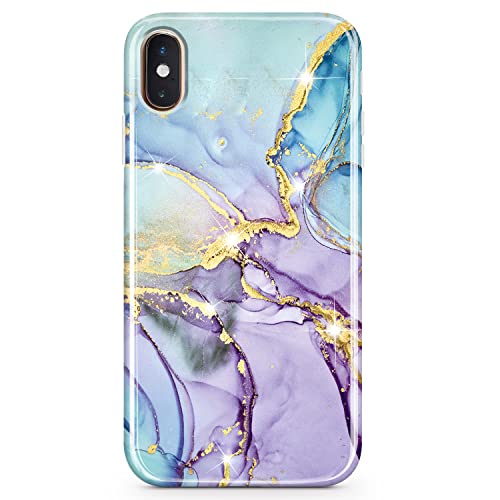 JIAXIUFEN Compatible with iPhone X iPhone Xs Gold Sparkle Glitter Marble Slim Shockproof Protective TPU Soft Bumper Silicone Cover Phone Case Purple Blue