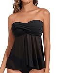 Talisea Women Bandeau Tankini Top Only Mesh Strapless Swimsuits Top Halter Flyaway Bathing Suits No Bottom, Black, Large
