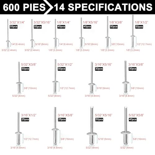600pcs/1200pcs Blind Rivets Pop Rivets Assortment Kit, 14 SAE Sizes Aluminum Rivets (3/32\" 1/8\" 5/32\" 3/16\"), Assorted Blind Rivets with Reinfored Divider & Labeled Case for Storage (600)