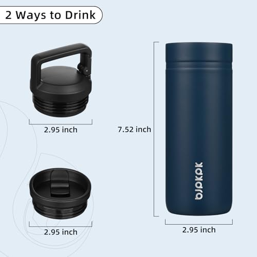Image of BJPKPK 20 oz Insulated Travel Water Bottle, Coffee Tumbler Stainless Steel | Double Wall Vacuum, Leakproof, Thermal, Keeps Hot /Cold, Dishwasher Safe, Spill Proof, Wide Mouth, 2 Lids, Navy Blue